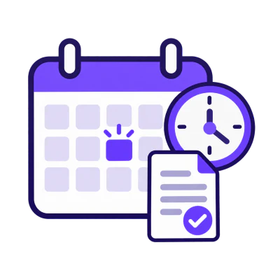 A calendar with a clock and a signed document.
