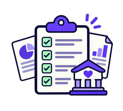 A clipboard of ticked items with charts and a nonprofit building.