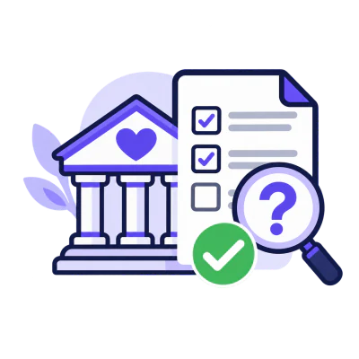 A nonprofit building beside an audit checklist, a magnifying glass and a question mark.