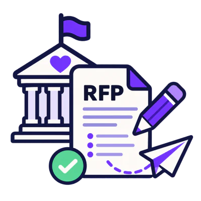 A nonprofit building beside an RFP document with a pencil, a paper plane and a green tick.