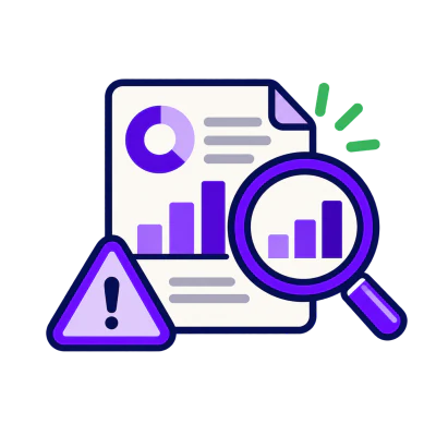 A report of charts under a magnifying glass beside a warning triangle.
